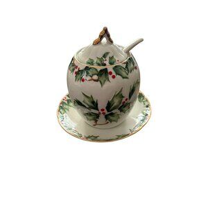 Vintage Lefton China “Holly & Berry”   Sugar Bowl W/ Lid Spoon & Saucer